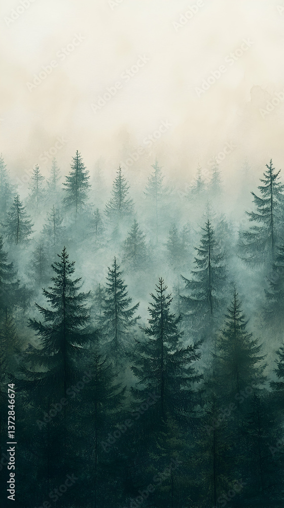 A serene forest scene with tall evergreens enveloped in mist The fog creates an atmospheric perspective fading trees i A serene forest scene with tall evergreens enveloped in mist The fog creates an atmospheric perspective fading trees i