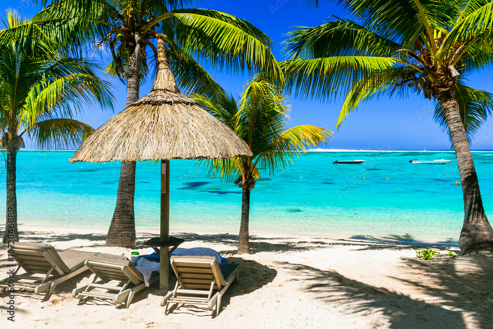 Obraz premium turquoise sea and white beaches of beautiful Mauritius island . Relaxing tropical holidays with beach chairs under palm trees.