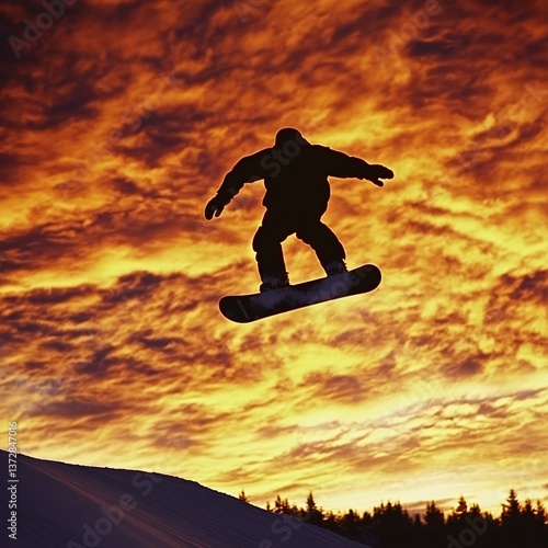 Wallpaper Mural Thrilling snowboarding action at sunset mountain range sports photography vibrant sky aerial view adventure spirit Torontodigital.ca