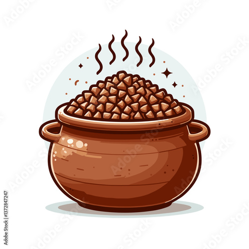 Vector illustration of steaming buckwheat in clay pot. Ideal for healthy recipe blogs, vegan food websites, and nutritional guides about whole grains.