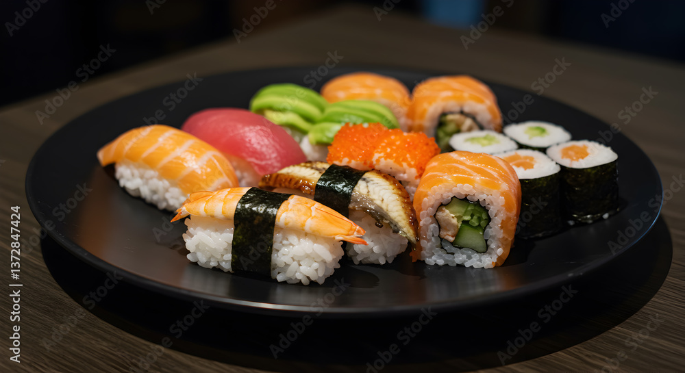 Arrangement of assorted sushi on a dark ceramic plate, culinary delights Arrangement of assorted sushi on a dark ceramic plate, culinary delights