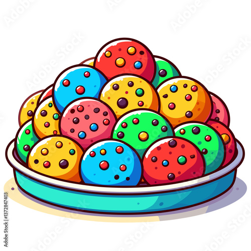 Vector art of colorful cookies with sprinkles in bowl. Perfect for bakery websites, children's party planning, and dessert recipe blogs with playful aesthetics.