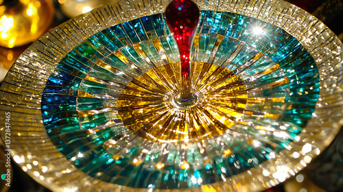 Exquisite glass plate showcasing a colorful design inspired by celestial energy fields and light-speed distortions in a vivid display.