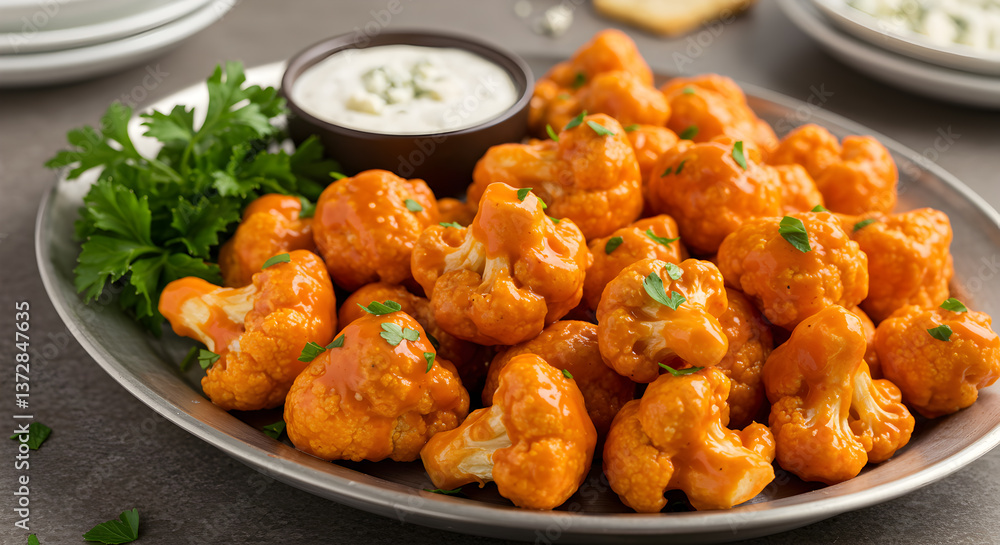 A vibrant platter of buffalo cauliflower bites with creamy dipping sauce A vibrant platter of buffalo cauliflower bites with creamy dipping sauce