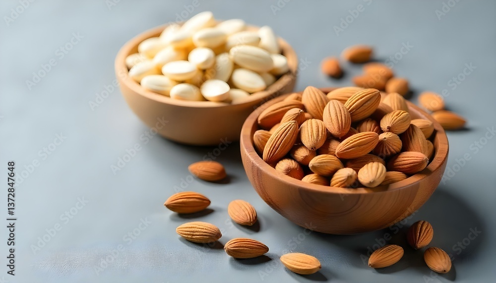 A high-angle, close-up shot features two wooden bowls filled with almonds, some with skins and some without, scattered on a textured gray surface A high-angle, close-up shot features two wooden bowls filled with almonds, some with skins and some without, scattered on a textured gray surface