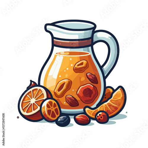 Vector drawing of citrus compote in glass pitcher with orange slices and spices. Perfect for beverage menus, seasonal drink recipes, and holiday entertaining guides.