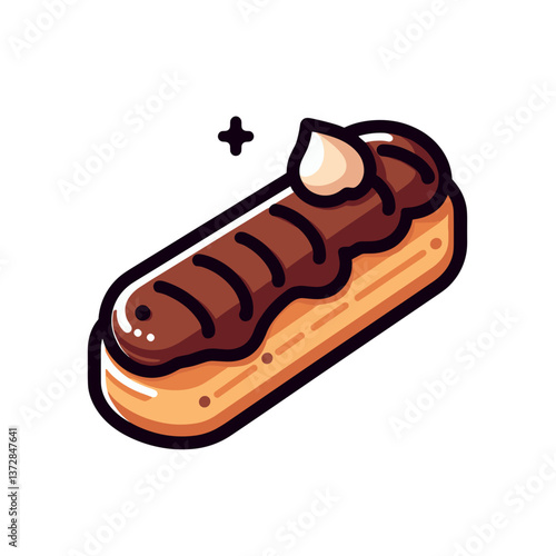 Vector illustration of chocolate eclair with cream filling. Ideal for pastry shop menus, French dessert blogs, and gourmet bakery advertising.