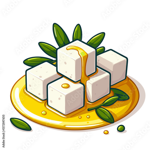 Vector illustration of feta cheese cubes on yellow plate with olive oil and herbs. Perfect for Mediterranean cuisine recipe visualization or food blog design.