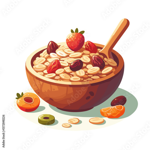 Vector illustration of wooden bowl with muesli, fruits and berries. Perfect for healthy breakfast blogs, organic food stores, and nutritional recipe websites.