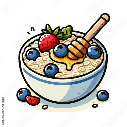 Vector illustration of oatmeal bowl with honey, berries and wooden dipper. Perfect for healthy breakfast blogs, nutrition websites, and morning recipe collections.