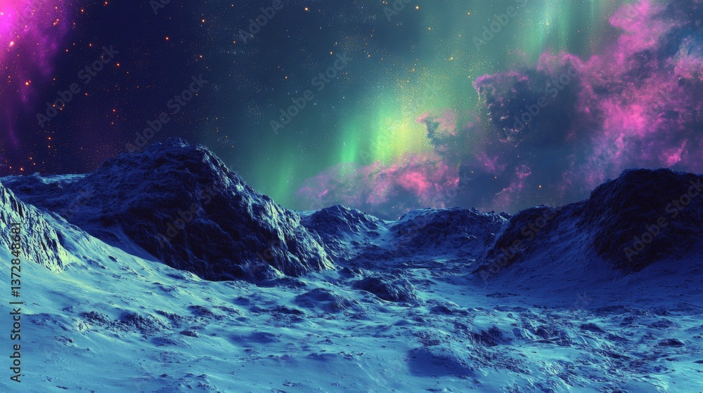 Naklejka premium A breathtaking view of an alien landscape illuminated by stunning auroras. The colorful skies create a mesmerizing scene over the snow-covered terrain. Generative AI.