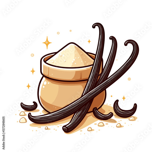 Vector illustration of vanilla beans and powder in warm creamy tones. Perfect for bakery websites, cooking blogs, or natural ingredient packaging.