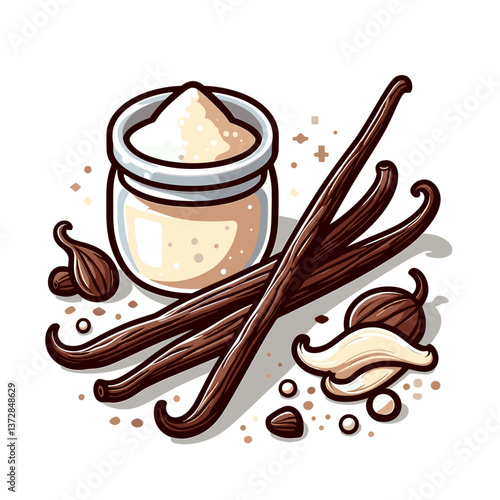 Stylized vanilla beans, pods and powder in glass jar illustration. Ideal for culinary projects, dessert recipes, or artisanal food branding.