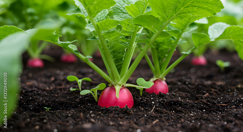 Close-Up of Radishes – Vibrant Pink Vegetables with Green Tops in Garden Scene and Rich Soil Close-Up of Radishes – Vibrant Pink Vegetables with Green Tops in Garden Scene and Rich Soil