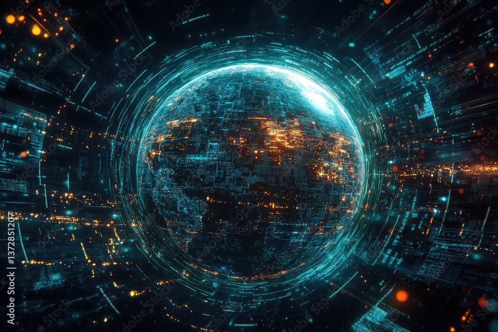 Obraz premium A futuristic Earth surrounded by a halo of interconnected data streams, illustrating the global reach of telecommunication technology and internet transfer