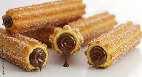 Delicious chocolate-filled churros coated with sugar crystals on white backdrop