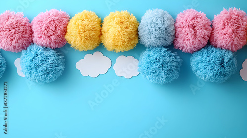 Fluffy colorful pom-poms in pink blue and yellow adorn a light blue background punctuated by white paper cloud cutout
