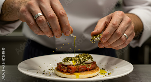 Elevated cuisine: Chef delicately finishing gourmet dish with zaatar and oil