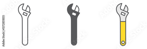 Adjustable wrench icon collection, tool and repair, wrench vector icon set, vector graphics, editable stroke outline sign, eps 10