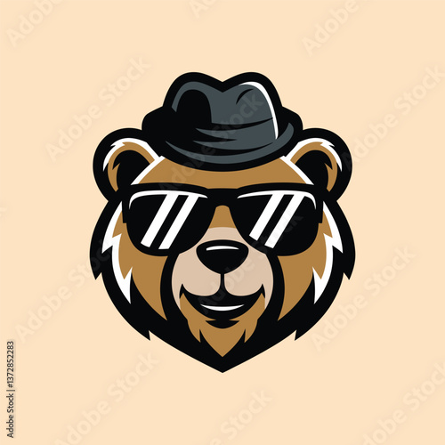 Bear face logo, bear with glasses and hat, bear vector