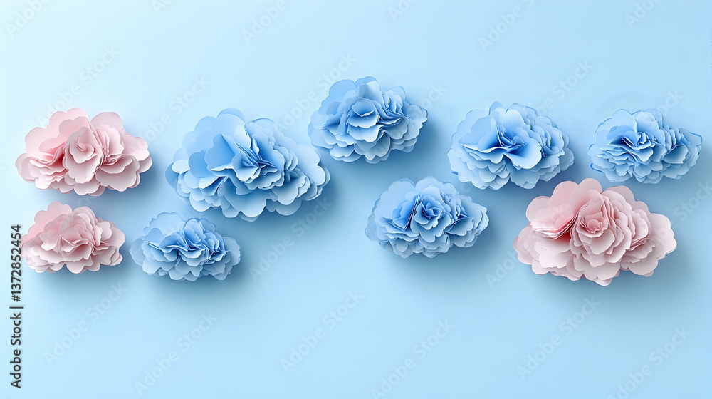 Decorative paper flowers in shades of pink and blue are arranged on a light blue surface creating a whimsical artistic Decorative paper flowers in shades of pink and blue are arranged on a light blue surface creating a whimsical artistic