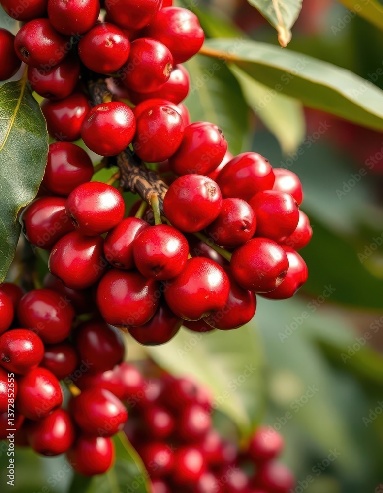 Ripe red coffee cherries clustered on a branch, growing, leaf Ripe red coffee cherries clustered on a branch, growing, leaf