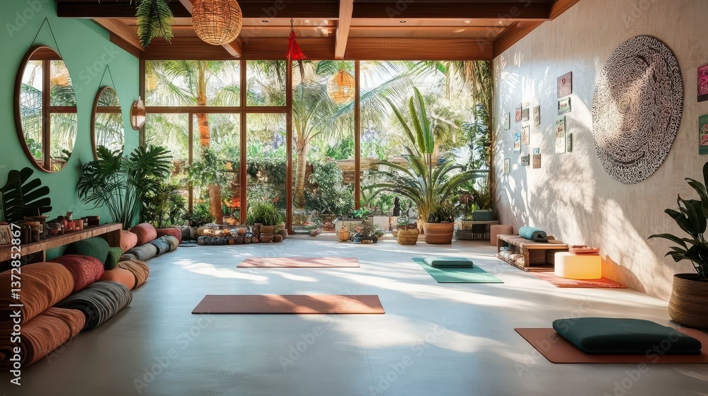 Fototapeta premium Serene Yoga Studio with Natural Light and Lush Greenery