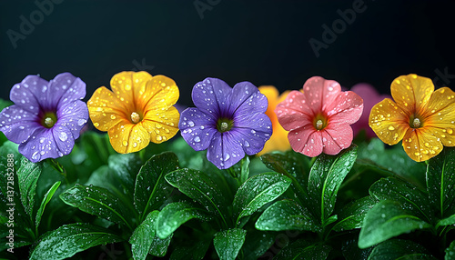 Colorful Spring Flowers in a Row with Dew Drops on Green Leaves Against Dark Background in Floral Still Life