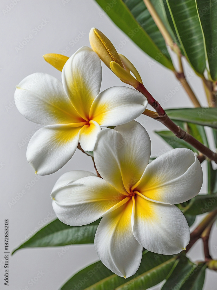 Fototapeta premium A gracefully curved Plumeria branch with several delicate blossoms in full bloom.
