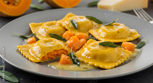 Delicious butternut squash ravioli with sage brown butter sauce plated attractively