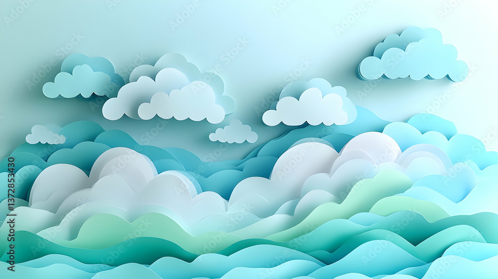 Delicate paper art of pastel clouds and rolling turquoise and teal waves creating a serene dreamy landscape Delicate paper art of pastel clouds and rolling turquoise and teal waves creating a serene dreamy landscape