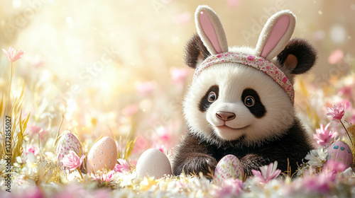 Baby panda with bunny ears headband