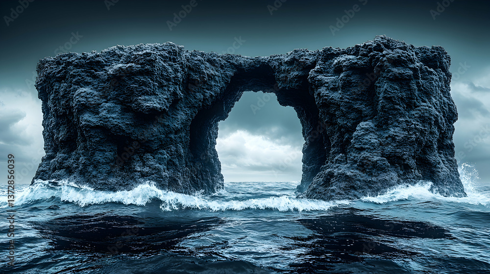 Seascape features a natural rock arch amidst crashing waves under a cloudy sky creating a dramatic scene Seascape features a natural rock arch amidst crashing waves under a cloudy sky creating a dramatic scene