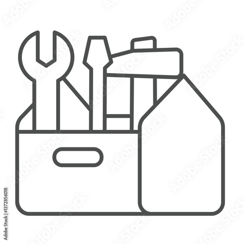Toolbox with hammer, screwdriver and wrench thin line icon, repair service concept. Vector graphics. Repair tools box sign on white background, outline style icon for mobile or web design.