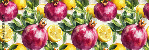 Orchard Art: Vibrant Pomegranate & Lemon Motif Tile, pattern