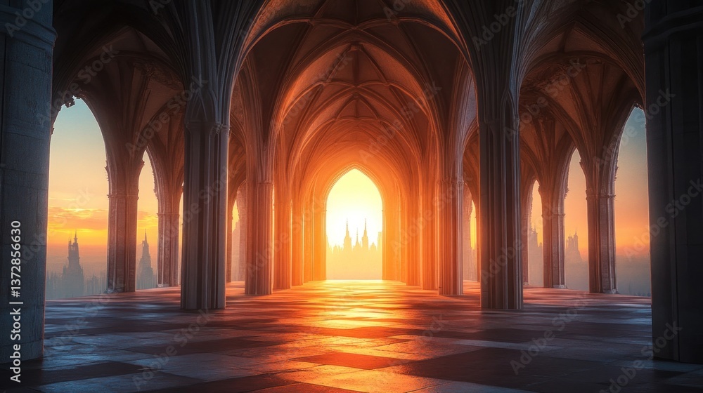 Fototapeta premium Sunrise Through Gothic Arches: A Serene Dawn