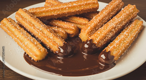 Delicious churros with dark chocolate dipping sauce served on a white plate