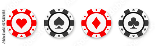Poker chips icons vector set, gambling tokens with suits for poker, online casino gambling, spades hearts diamonds clubs, betting