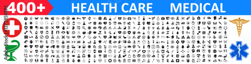 Set of 400 Medical and Healthcare icons. Medicine, check up, doctor, dentistry, pharmacy, treatment, diagnosis, lab, scientific discovery, mental health, prevention. Medicine and Health Care signs