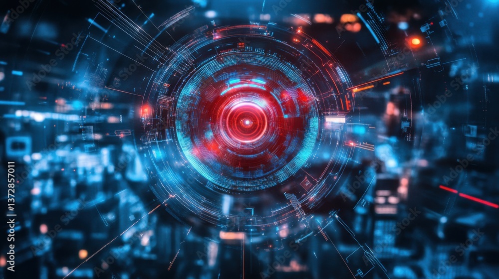 Obraz premium An AI engineer designing intelligent surveillance systems for smart cities, high-tech security center with live camera feed monitoring, High-tech style