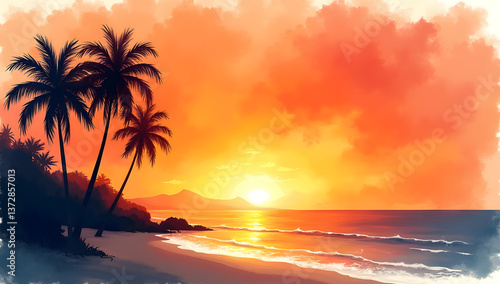 Vibrant Digital Painting of Tropical Sunset with Palm Trees, Golden Sky Reflection on Water, Serene Watercolor Style for Dreamy and Peaceful Artwork