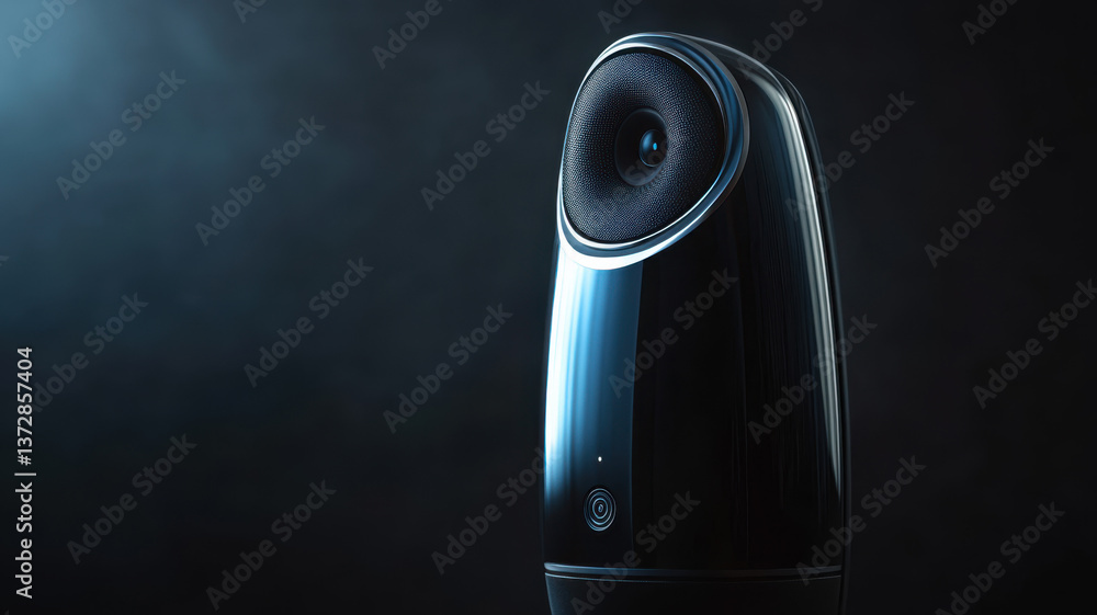 Sleek modern bluetooth speaker with black glossy finish and blue led light on dark background for stylish audio experience