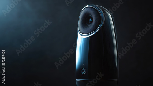 Obraz na płótnie Sleek modern bluetooth speaker with black glossy finish and blue led light on dark background for stylish audio experience w salonie