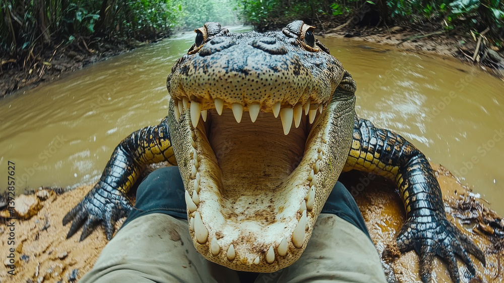 Close-up of open-mouthed crocodile in swampy jungle river surroundings with lush greenery and muddy waters underneath