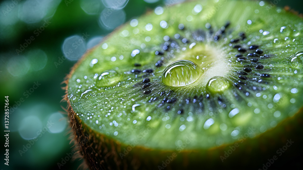 Close-up of fresh juicy kiwi slice with water droplets and vibrant green background