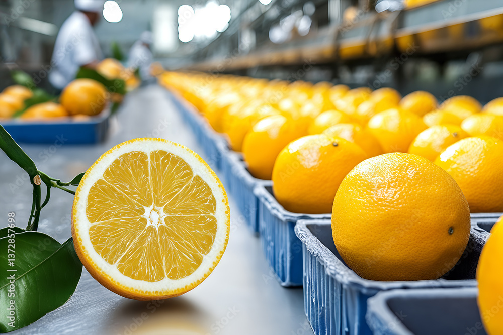 Fresh oranges on production line in a factory setting with close-up of sliced citrus fruit