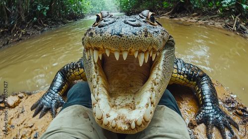 Obraz na płótnie Close-up of open-mouthed crocodile in swampy jungle river surroundings with lush greenery and muddy waters underneath w salonie