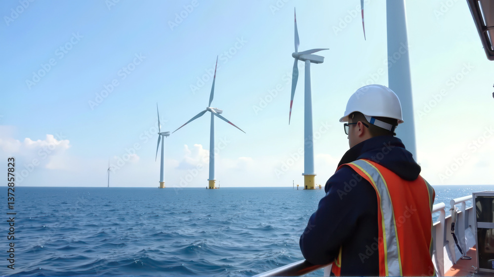 Engineer observing offshore wind turbines on sunny day from boat in ocean with safety gear
