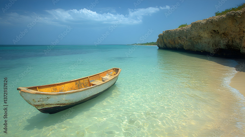 Serene boat rests on crystal clear shallow waters near a sandy beach and rocky cliff under a bright blue sky Serene boat rests on crystal clear shallow waters near a sandy beach and rocky cliff under a bright blue sky
