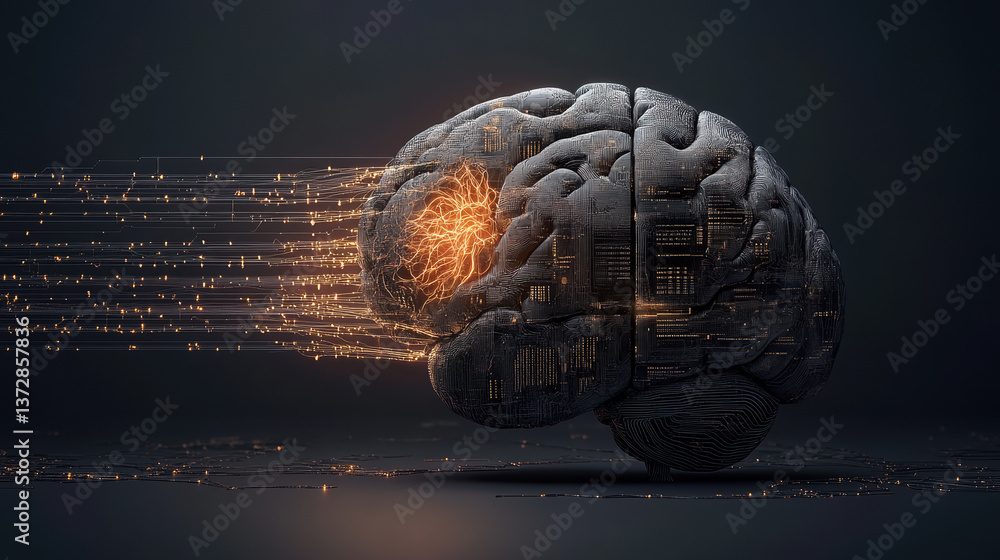 Futuristic ai brain with digital circuitry showcasing advanced technology and artificial intelligence for scientific innovation in neural networks
